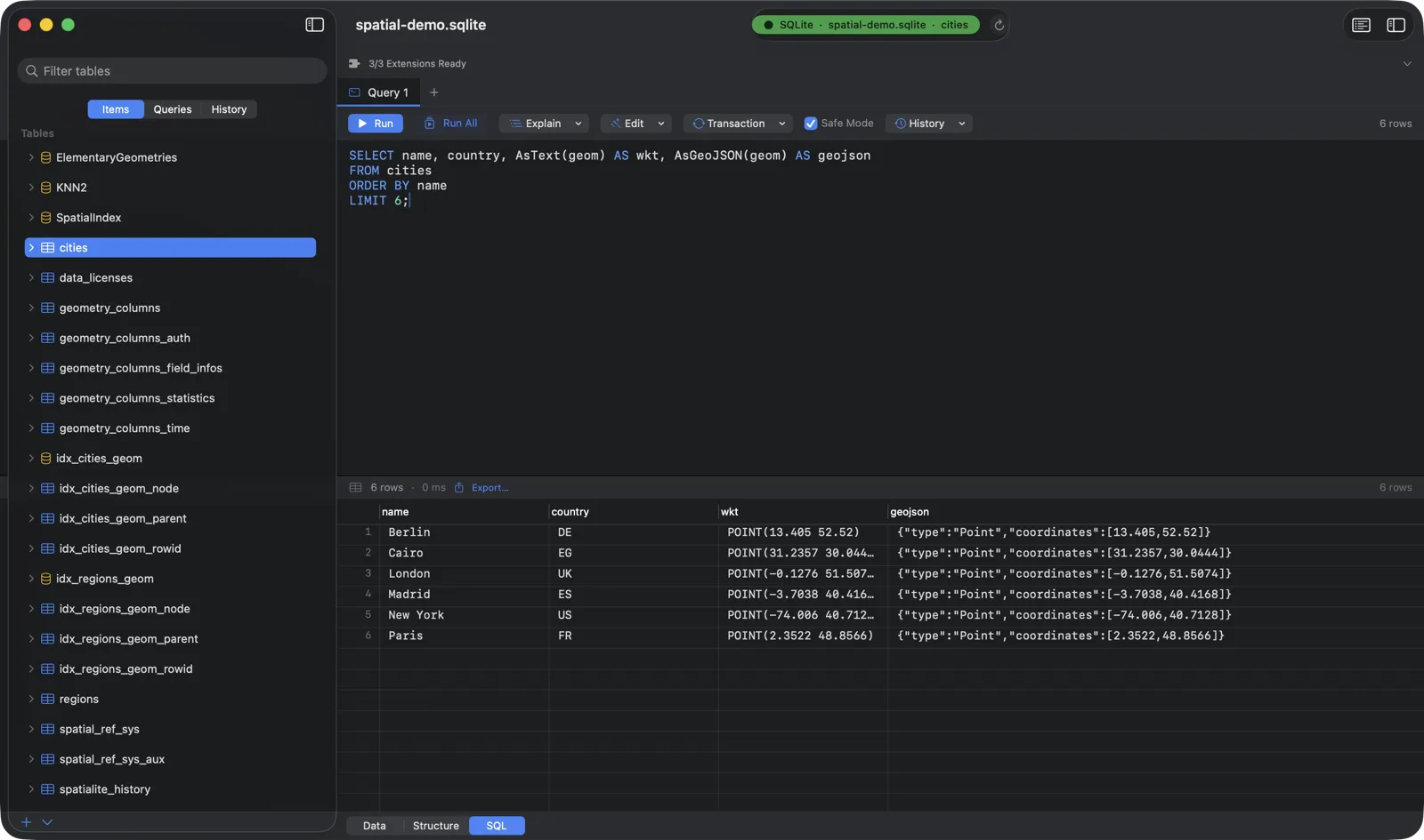 Chwilio SQL editor showing AsText and AsGeoJSON decoding the geometry blobs into readable WKT and GeoJSON