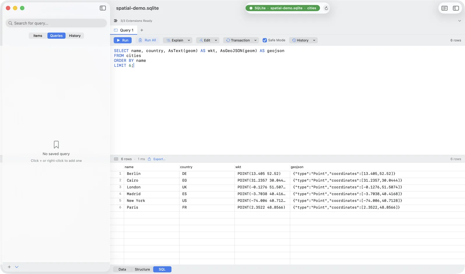 Chwilio SQL editor showing AsText and AsGeoJSON decoding the geometry blobs into readable WKT and GeoJSON