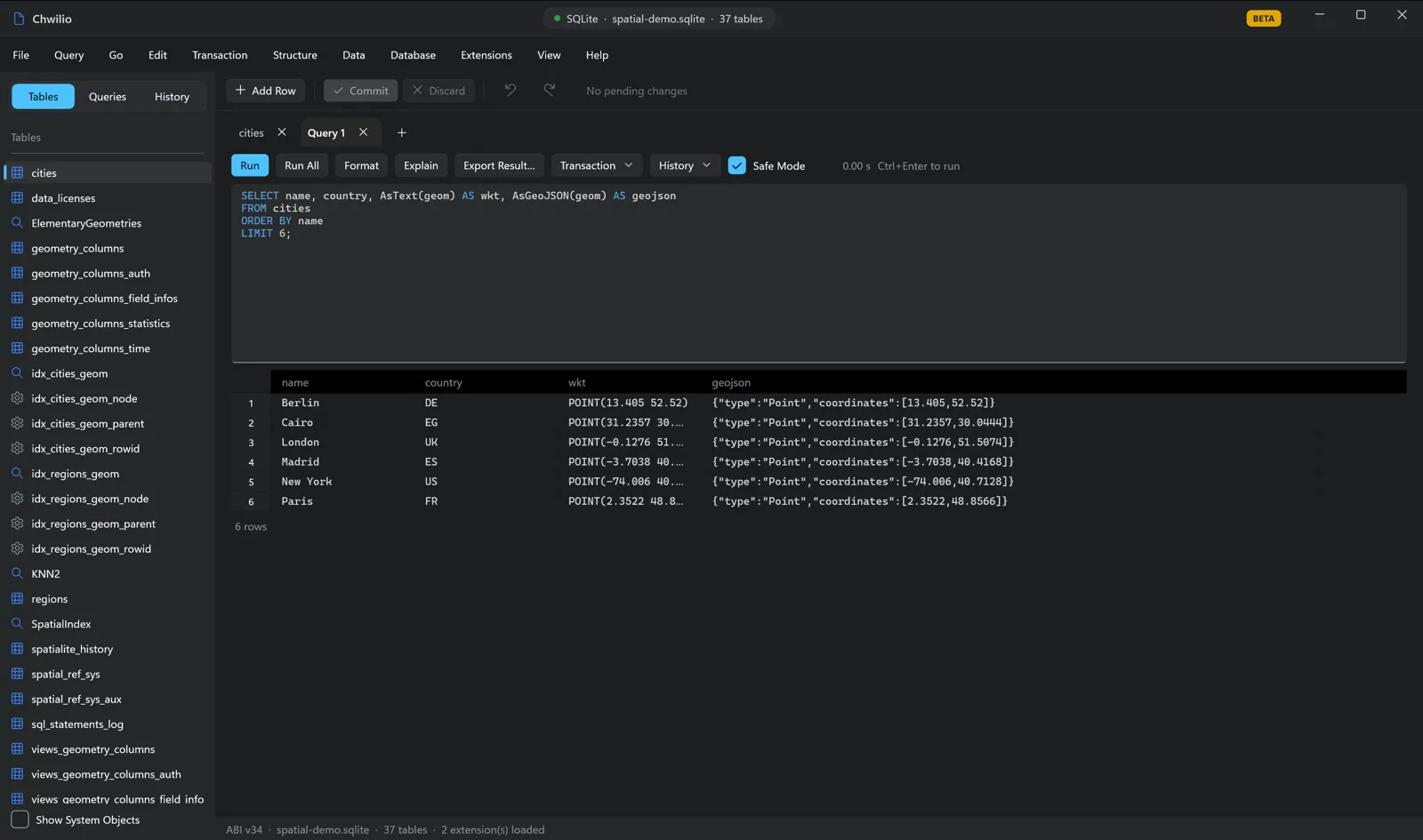 Chwilio SQL editor showing AsText and AsGeoJSON decoding the geometry blobs into readable WKT and GeoJSON