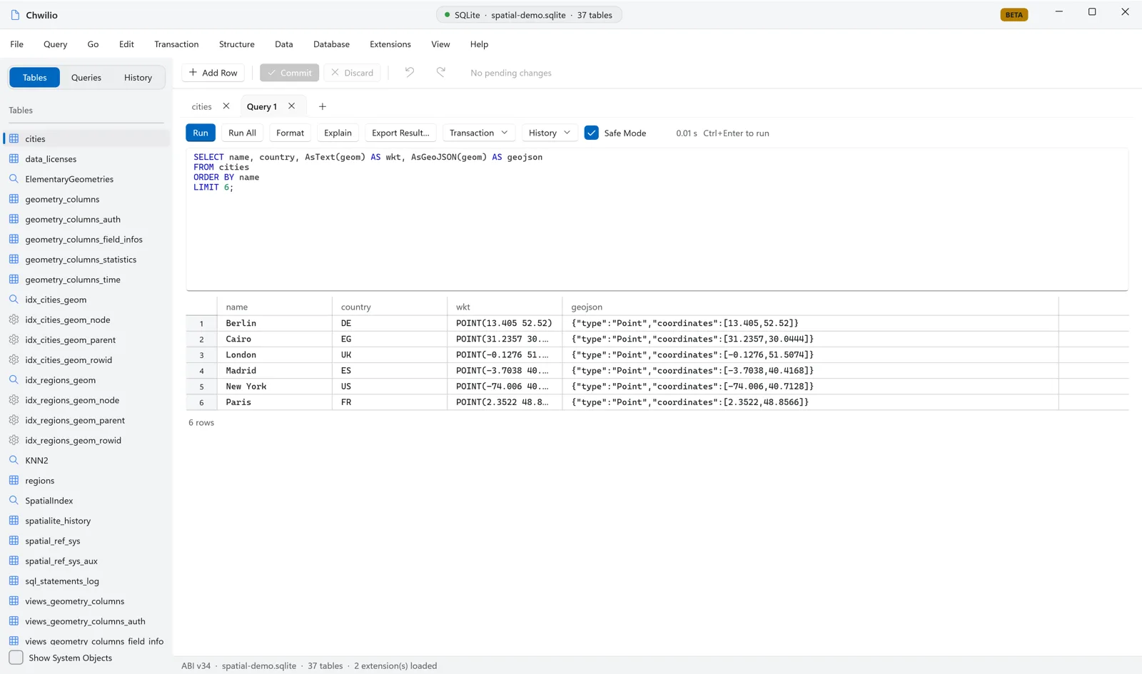 Chwilio SQL editor showing AsText and AsGeoJSON decoding the geometry blobs into readable WKT and GeoJSON