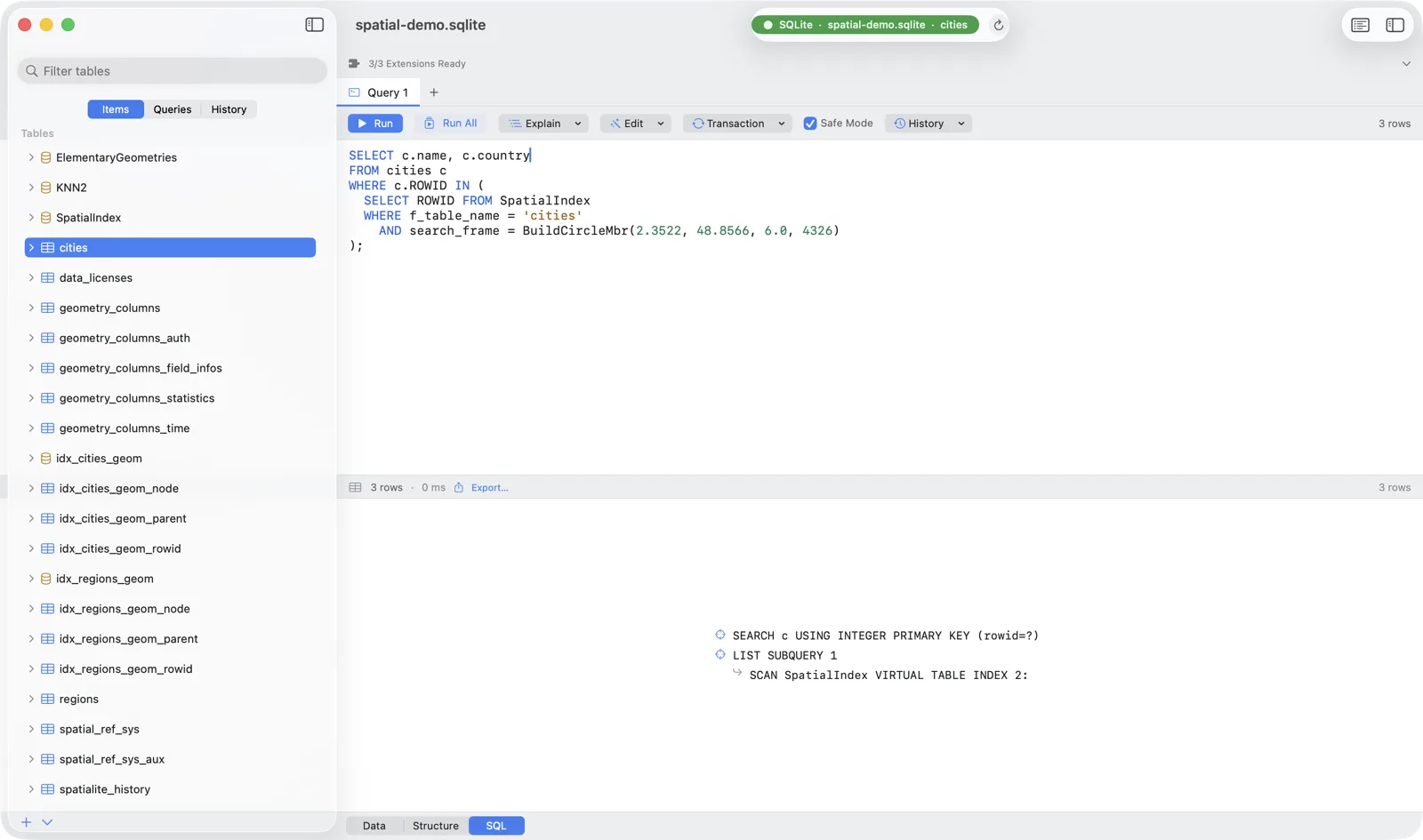 Chwilio's EXPLAIN QUERY PLAN tree showing SCAN SpatialIndex VIRTUAL TABLE INDEX — the R*Tree spatial index in use