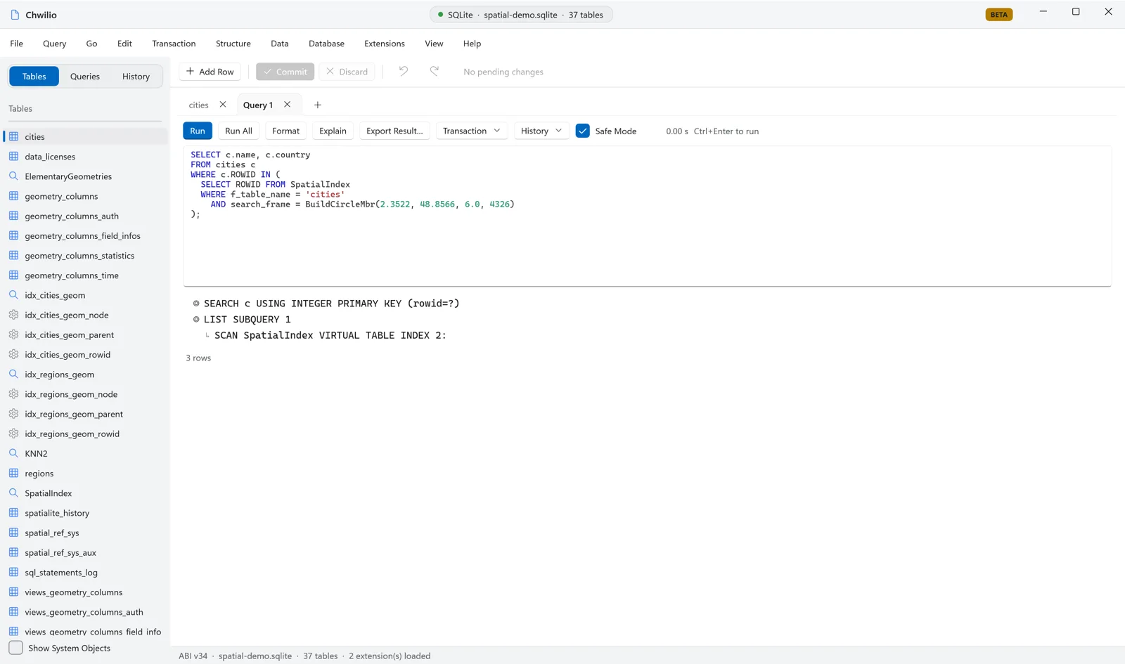 Chwilio's EXPLAIN QUERY PLAN tree showing SCAN SpatialIndex VIRTUAL TABLE INDEX — the R*Tree spatial index in use