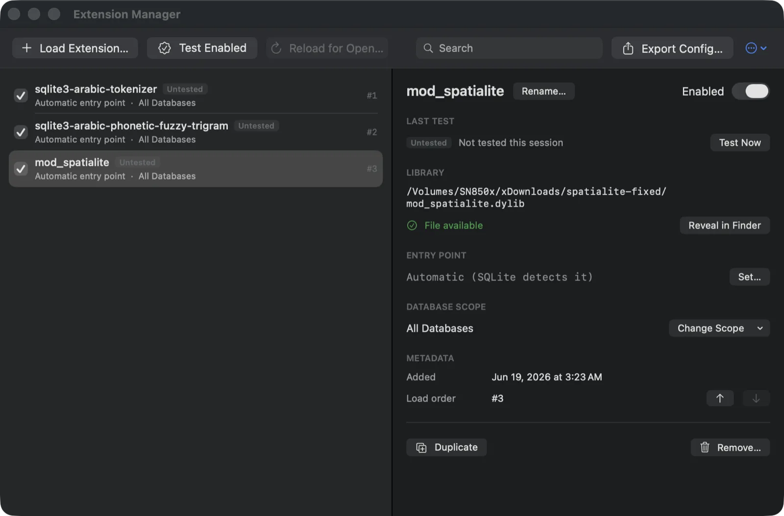 Chwilio's Extension Manager with mod_spatialite selected — Automatic entry point, All Databases scope, File available status, and load order, alongside other loaded extensions