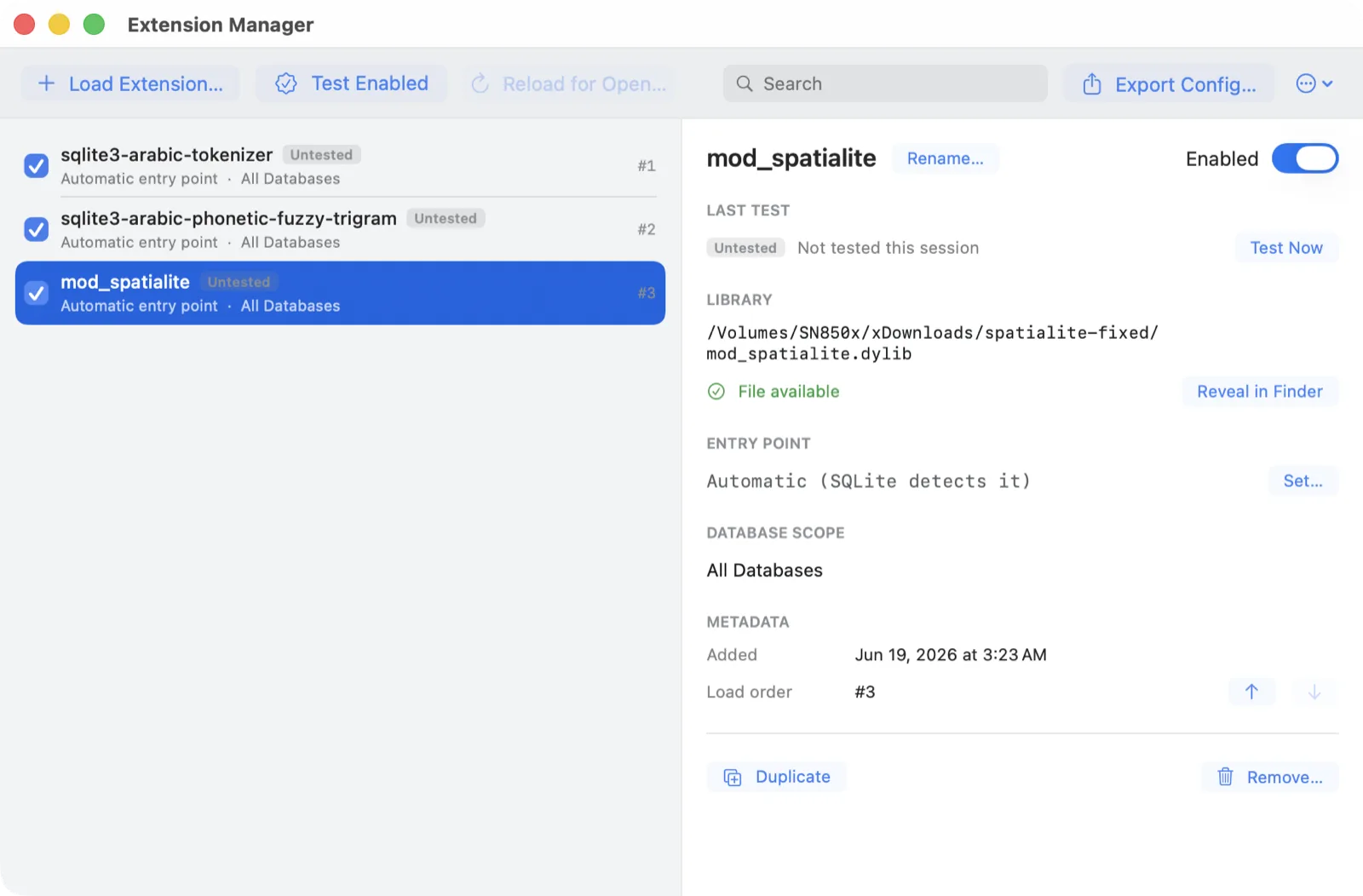 Chwilio's Extension Manager with mod_spatialite selected — Automatic entry point, All Databases scope, File available status, and load order, alongside other loaded extensions