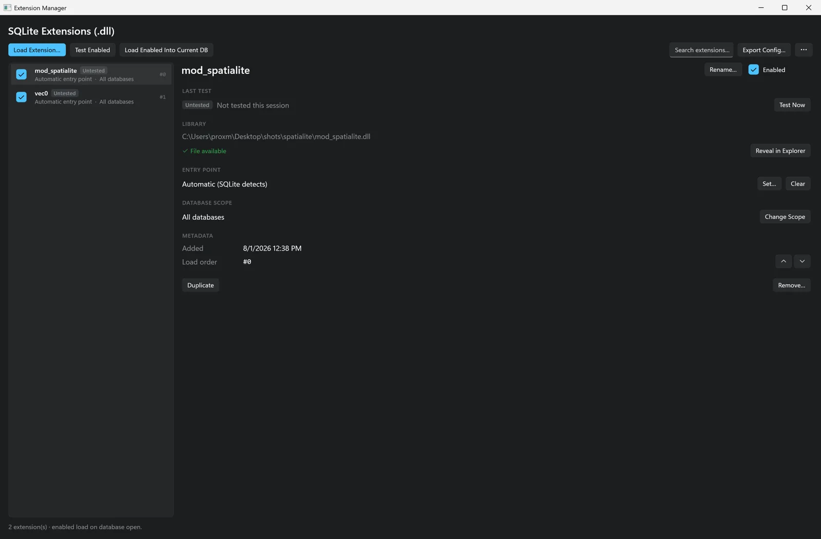 Chwilio's Extension Manager with mod_spatialite selected — Automatic entry point, All Databases scope, File available status, and load order, alongside other loaded extensions