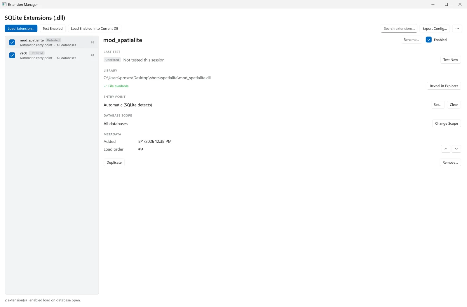 Chwilio's Extension Manager with mod_spatialite selected — Automatic entry point, All Databases scope, File available status, and load order, alongside other loaded extensions