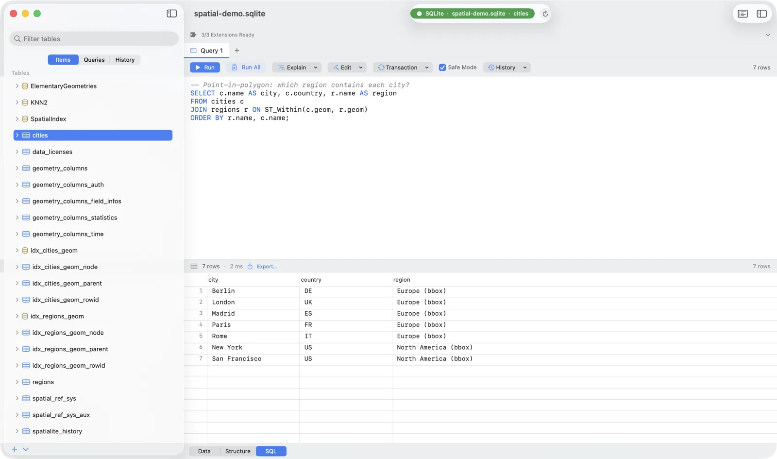 Chwilio result grid: each European city tagged Europe (bbox) and each US city tagged North America (bbox) via ST_Within