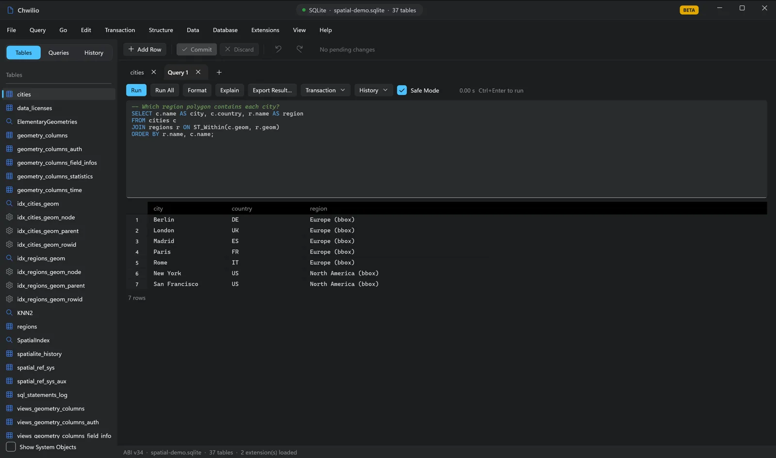 Chwilio result grid: each European city tagged Europe (bbox) and each US city tagged North America (bbox) via ST_Within