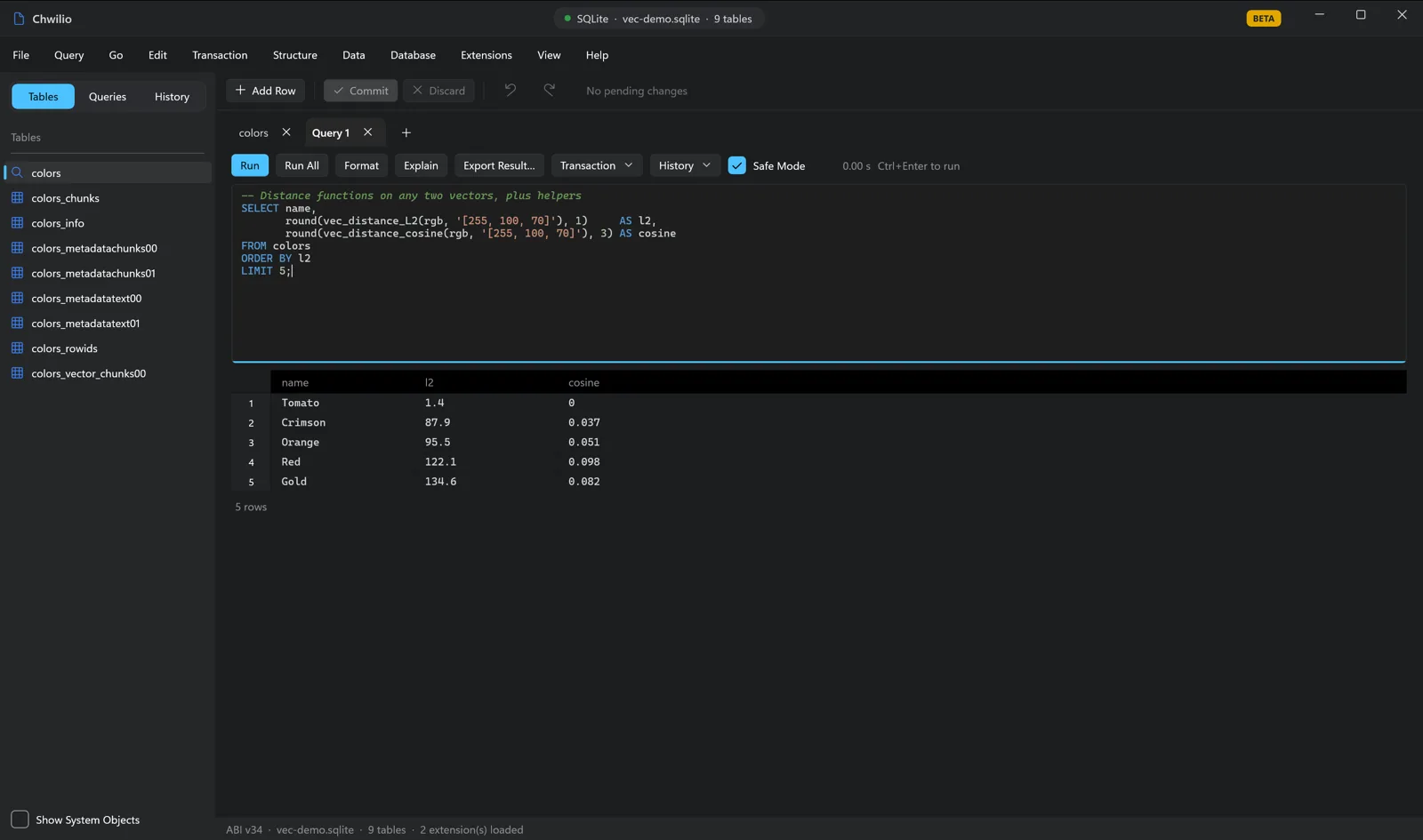 Chwilio SQL editor showing vec_distance_L2 and vec_distance_cosine side by side, plus vec_version, vec_length, and vec_normalize helpers