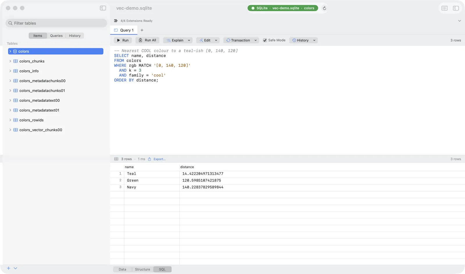 Chwilio result grid: nearest cool-family colours to [0,140,120] — Teal, Green, Navy — via a metadata-filtered KNN query