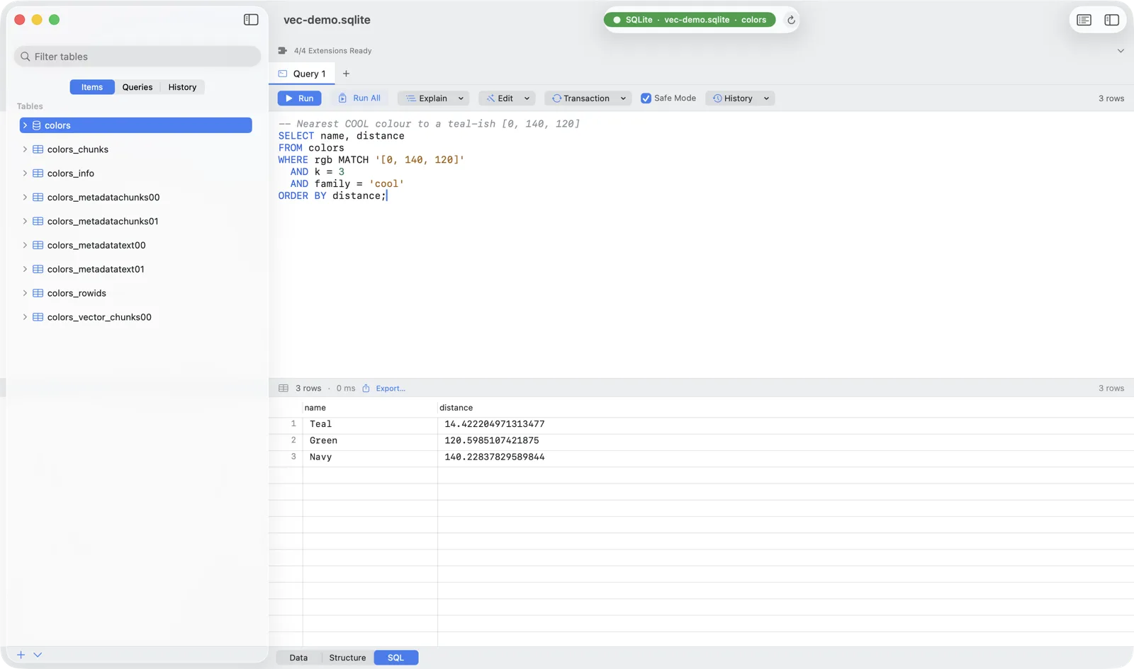 Chwilio result grid: nearest cool-family colours to [0,140,120] — Teal, Green, Navy — via a metadata-filtered KNN query