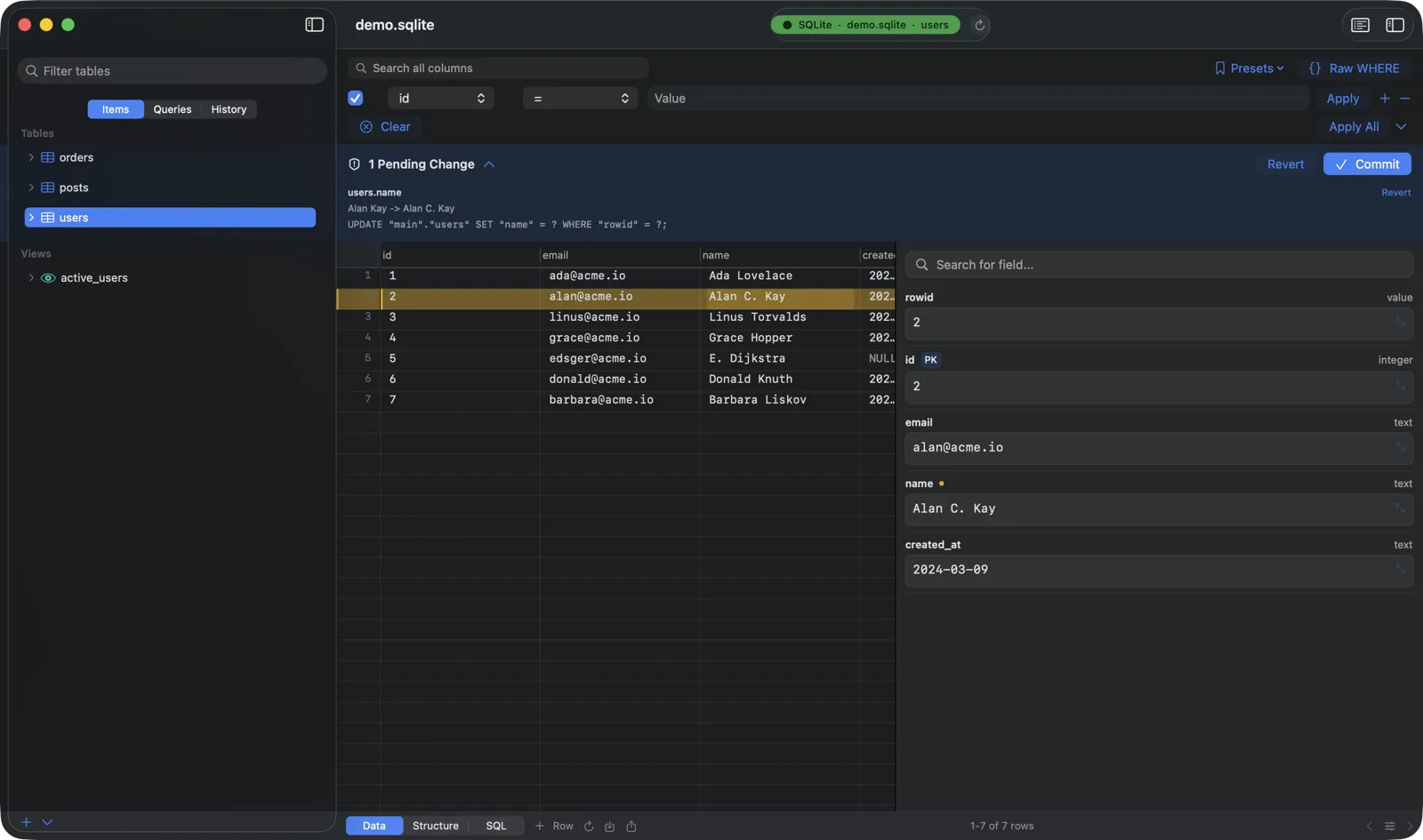 Chwilio's change set — a staged cell edit with before→after and a parameterized SQL preview