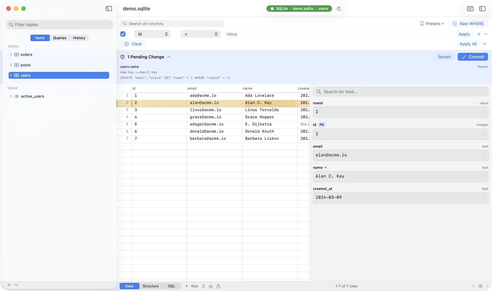 Chwilio's change set — a staged cell edit with before→after and a parameterized SQL preview
