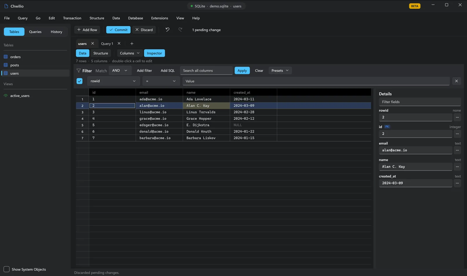 Chwilio's change set — a staged cell edit with before→after and a parameterized SQL preview