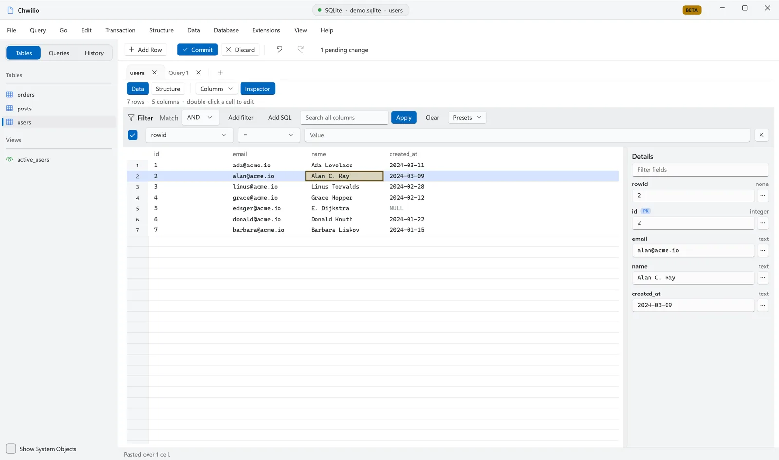 Chwilio's change set — a staged cell edit with before→after and a parameterized SQL preview