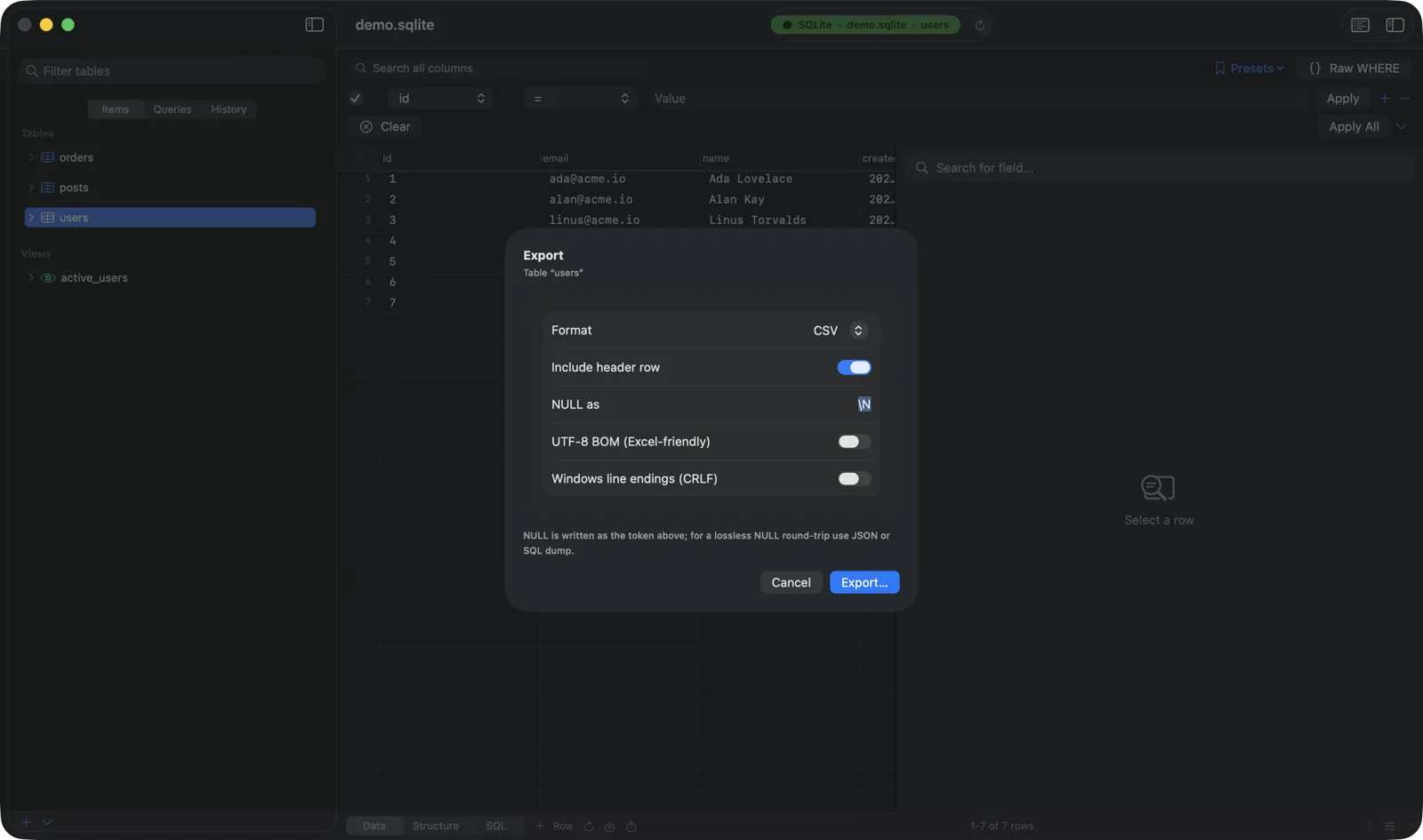 Chwilio's export dialog — choose CSV/TSV/JSON/Markdown/HTML/XML/INSERT/SQL-dump/Excel with header, NULL token, and encoding options