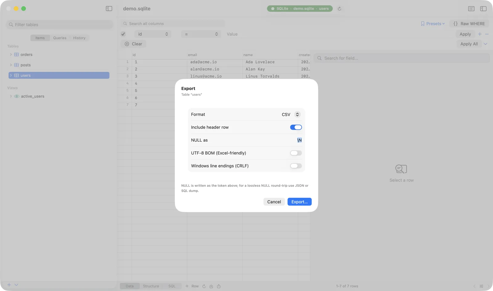 Chwilio's export dialog — choose CSV/TSV/JSON/Markdown/HTML/XML/INSERT/SQL-dump/Excel with header, NULL token, and encoding options