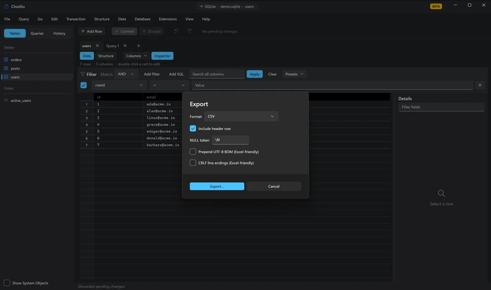 Chwilio's export dialog — choose CSV/TSV/JSON/Markdown/HTML/XML/INSERT/SQL-dump/Excel with header, NULL token, and encoding options
