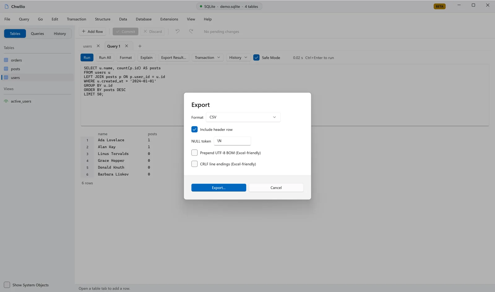 Chwilio's export dialog — choose CSV/TSV/JSON/Markdown/HTML/XML/INSERT/SQL-dump/Excel with header, NULL token, and encoding options