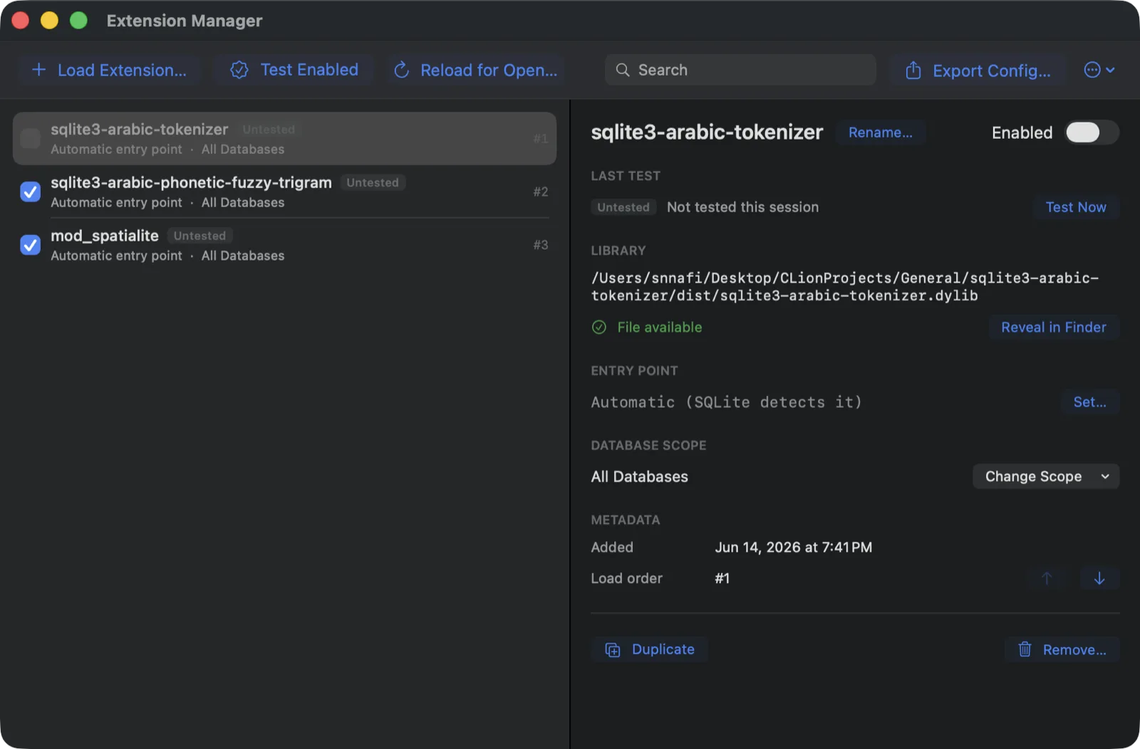 Chwilio's Extension Manager — loaded extensions with status badges, entry point, database scope, load order, and per-extension test results