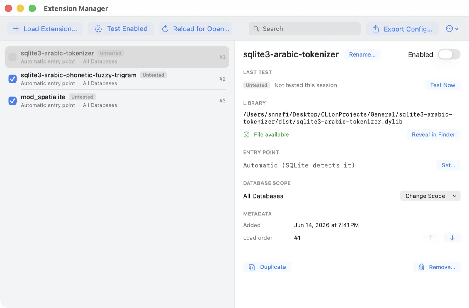 Chwilio's Extension Manager — loaded extensions with status badges, entry point, database scope, load order, and per-extension test results