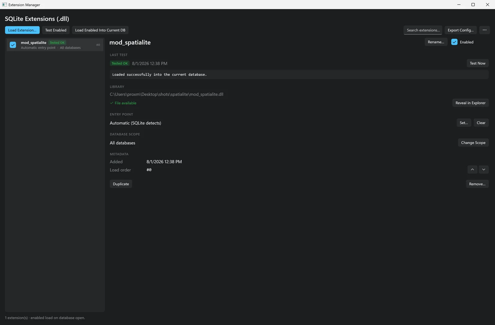 Chwilio's Extension Manager — loaded extensions with status badges, entry point, database scope, load order, and per-extension test results