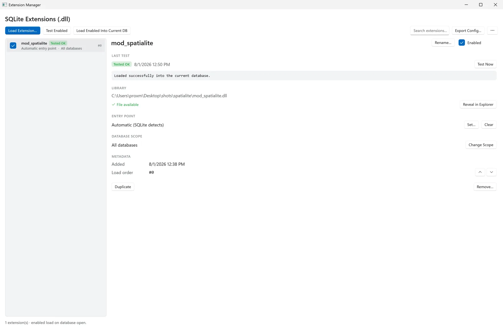 Chwilio's Extension Manager — loaded extensions with status badges, entry point, database scope, load order, and per-extension test results