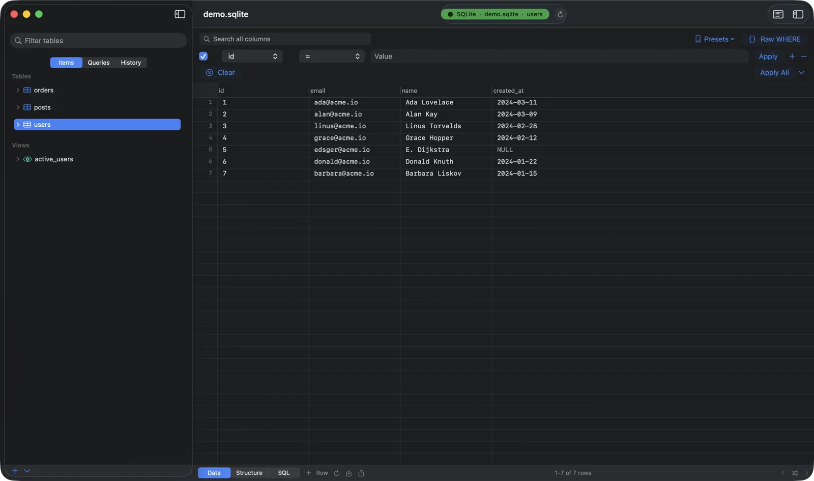 Chwilio browsing a SQLite table — two-pane grid, filter builder, and sidebar
