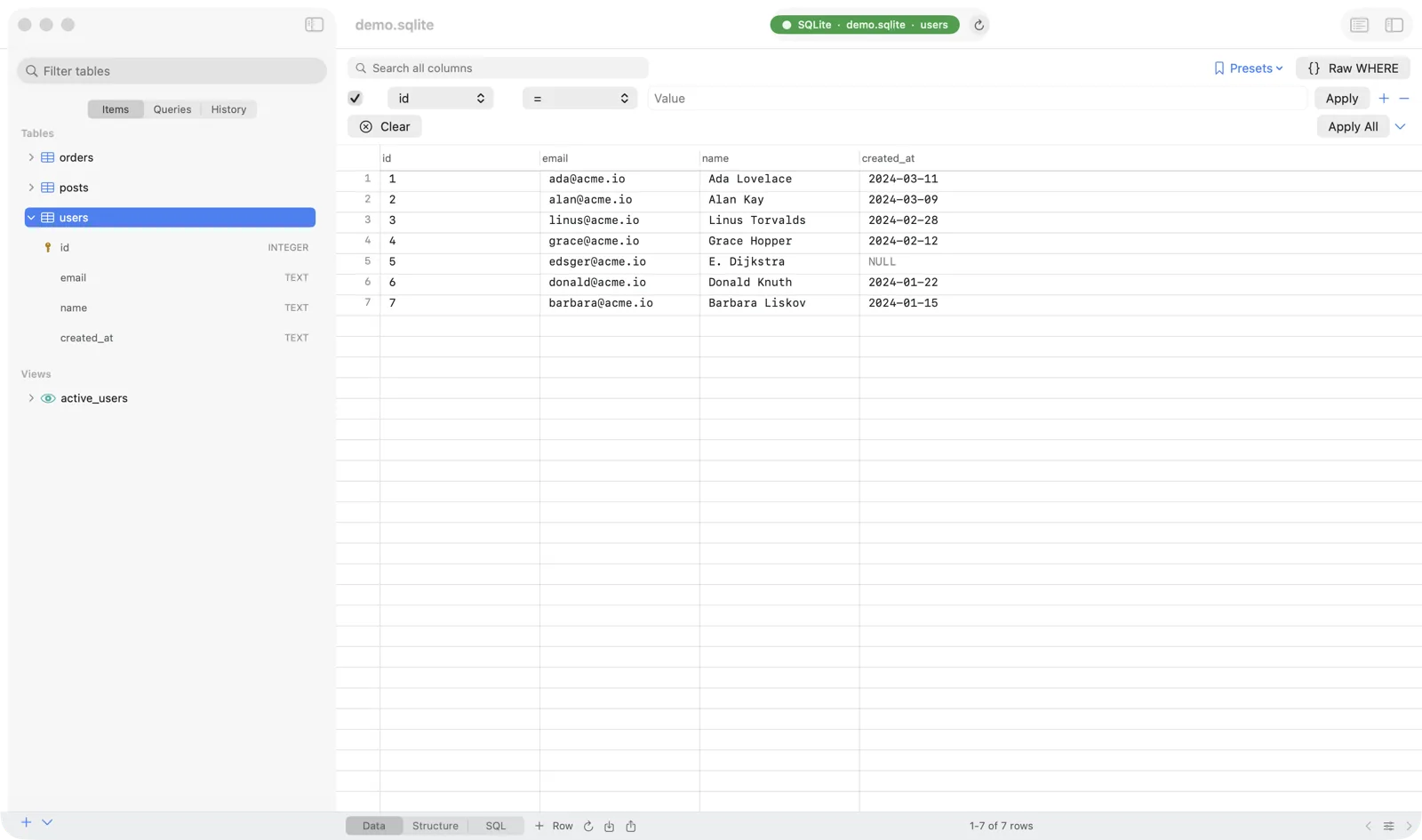 Chwilio browsing a SQLite table — two-pane grid, filter builder, and sidebar