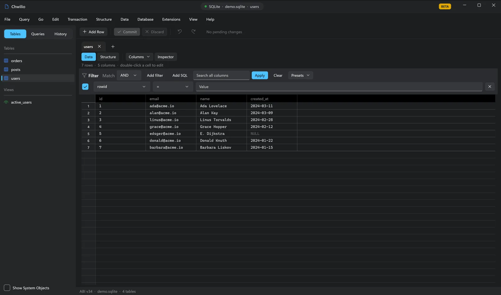 Chwilio browsing a SQLite table — two-pane grid, filter builder, and sidebar