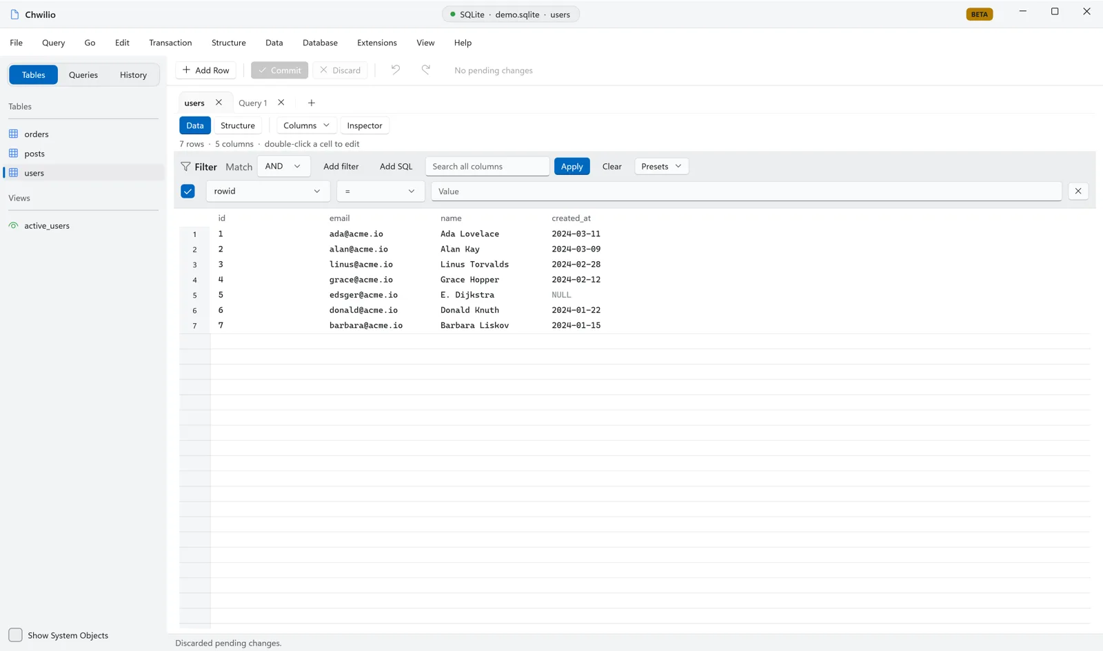 Chwilio browsing a SQLite table — two-pane grid, filter builder, and sidebar
