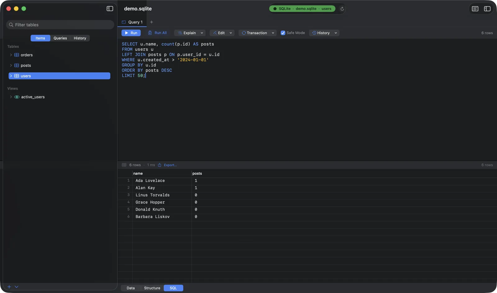 Chwilio's multi-tab SQL editor with a query, syntax highlighting, and the result grid