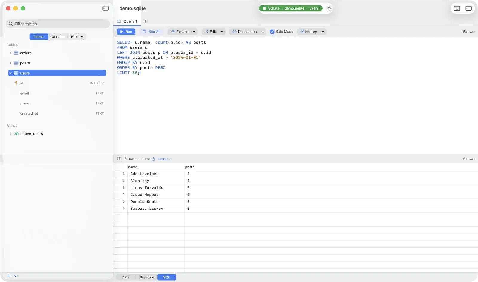 Chwilio's multi-tab SQL editor with a query, syntax highlighting, and the result grid