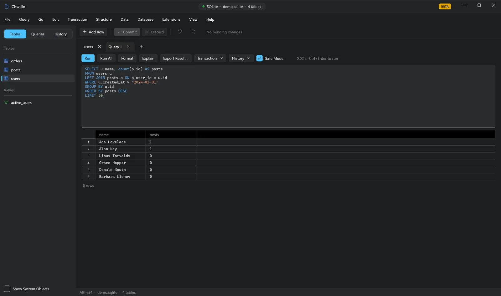 Chwilio's multi-tab SQL editor with a query, syntax highlighting, and the result grid