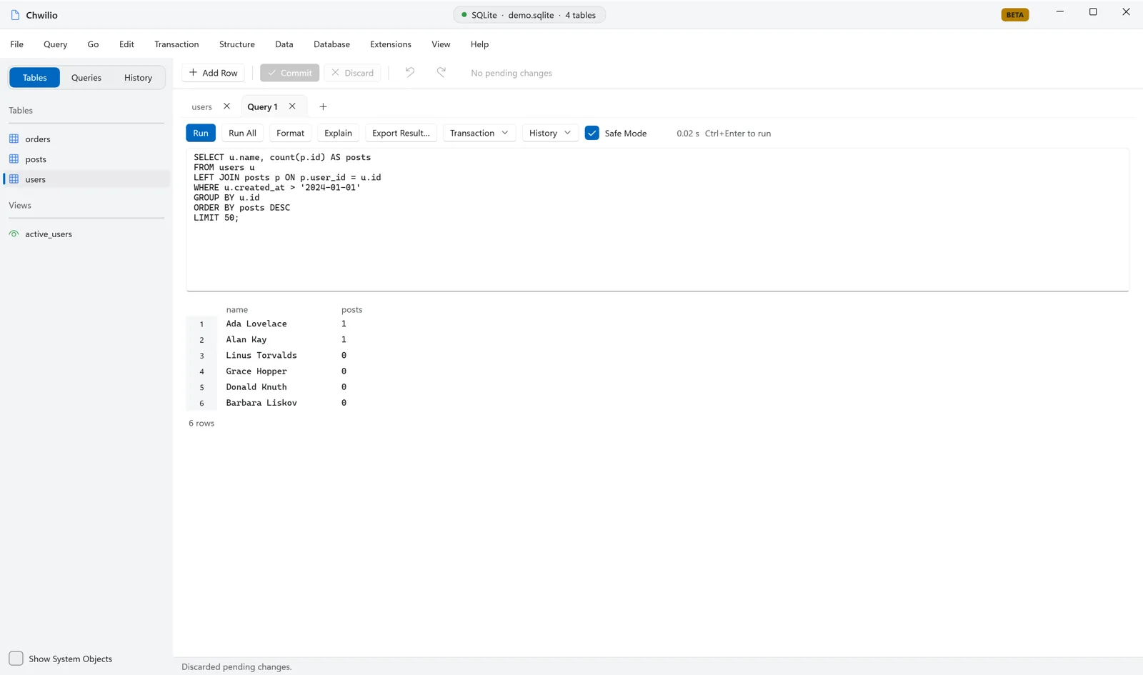 Chwilio's multi-tab SQL editor with a query, syntax highlighting, and the result grid