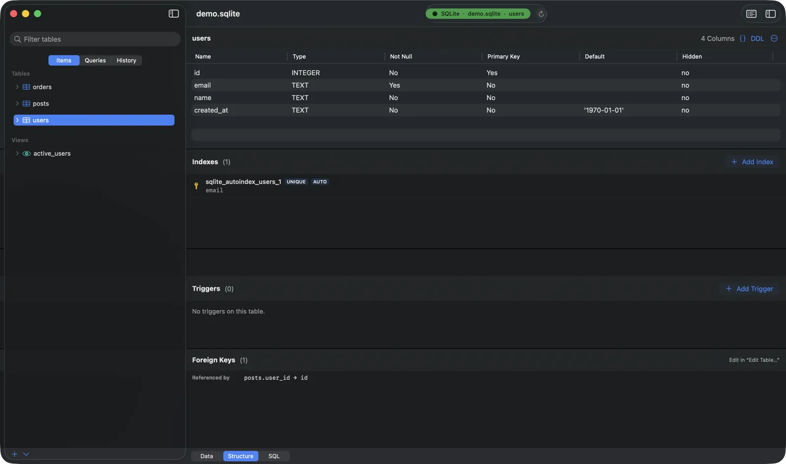 Chwilio's Structure tab — columns, indexes, triggers, and foreign keys with a DDL viewer