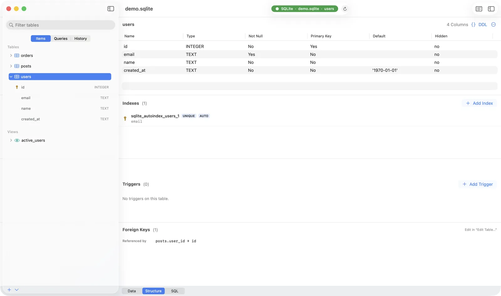 Chwilio's Structure tab — columns, indexes, triggers, and foreign keys with a DDL viewer