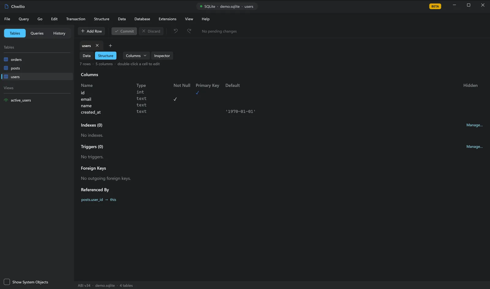Chwilio's Structure tab — columns, indexes, triggers, and foreign keys with a DDL viewer