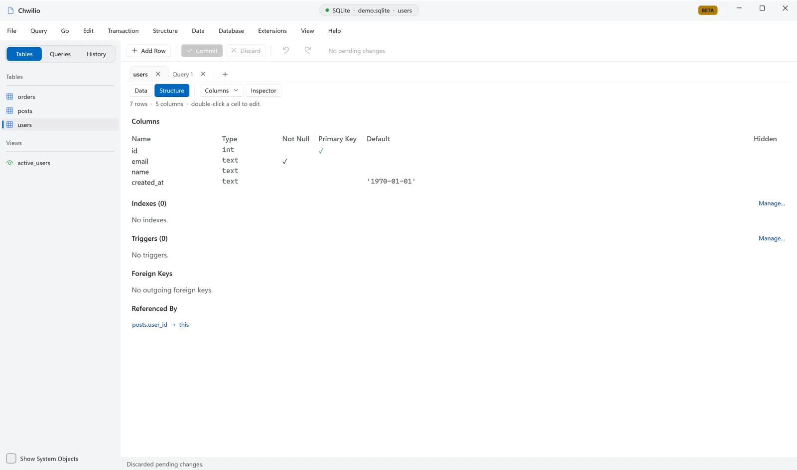 Chwilio's Structure tab — columns, indexes, triggers, and foreign keys with a DDL viewer